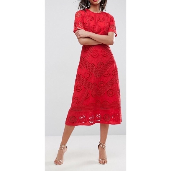 ASOS Premium Broderie Fabric Lace Eyelet Cocktail Red Cotton Midi Dress US 4 - Picture 10 of 12